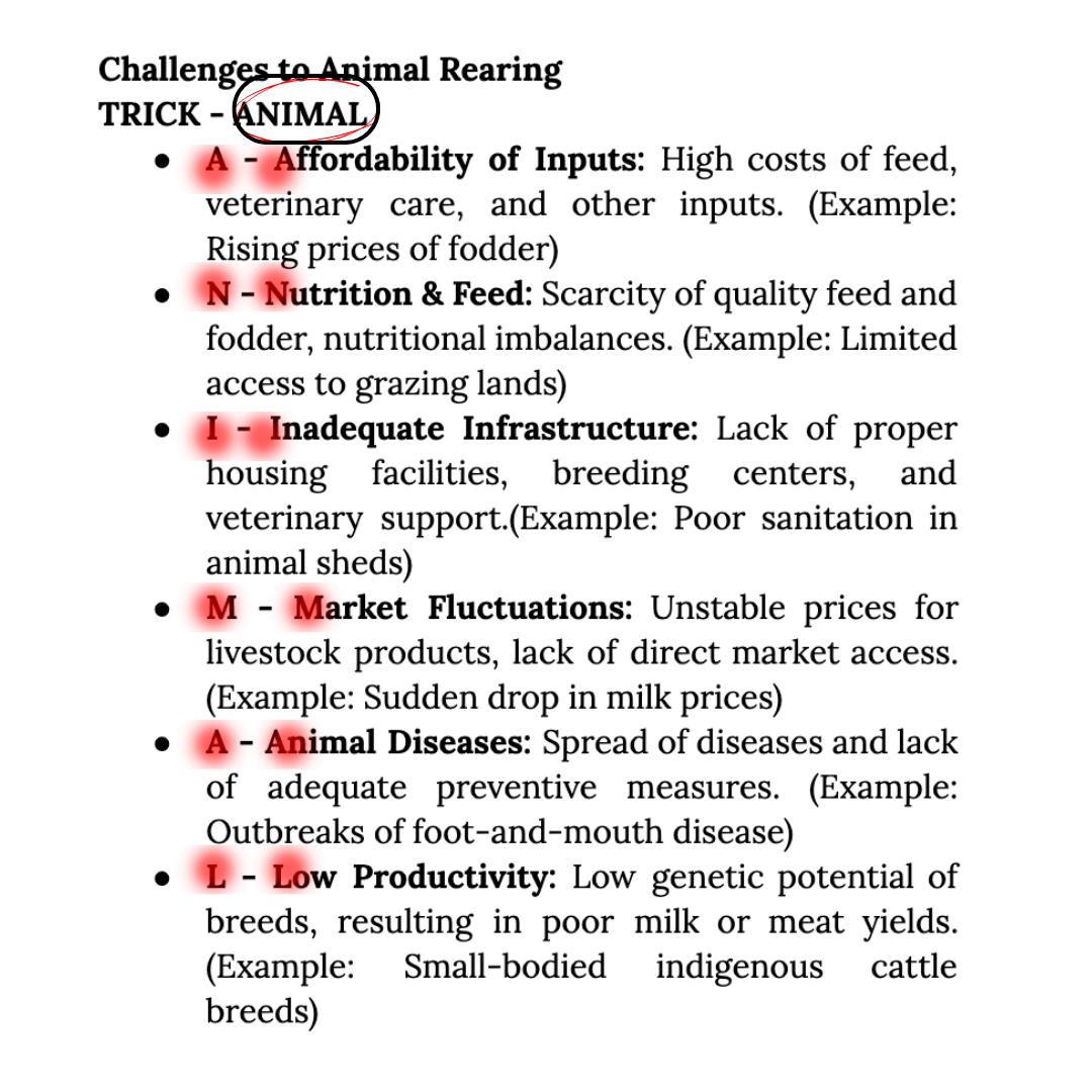List of challenges to animal rearing with red highlights on a white background