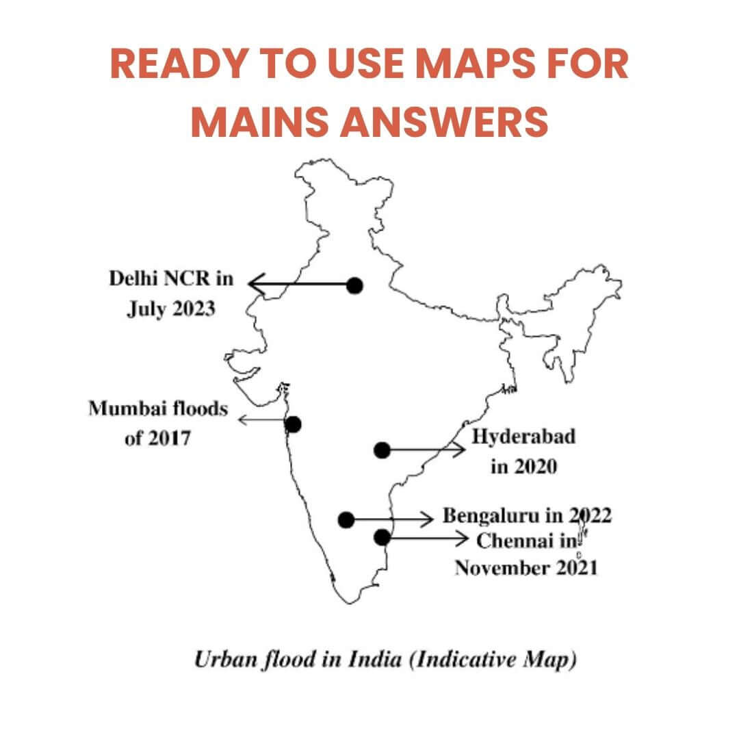 Map of India with labeled flood events and text indicating use for exam answers.